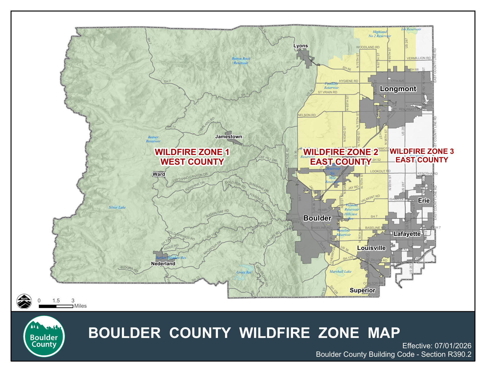 Boulder County wildfire zone map showing Wildfire Zones 1, 2 and 3