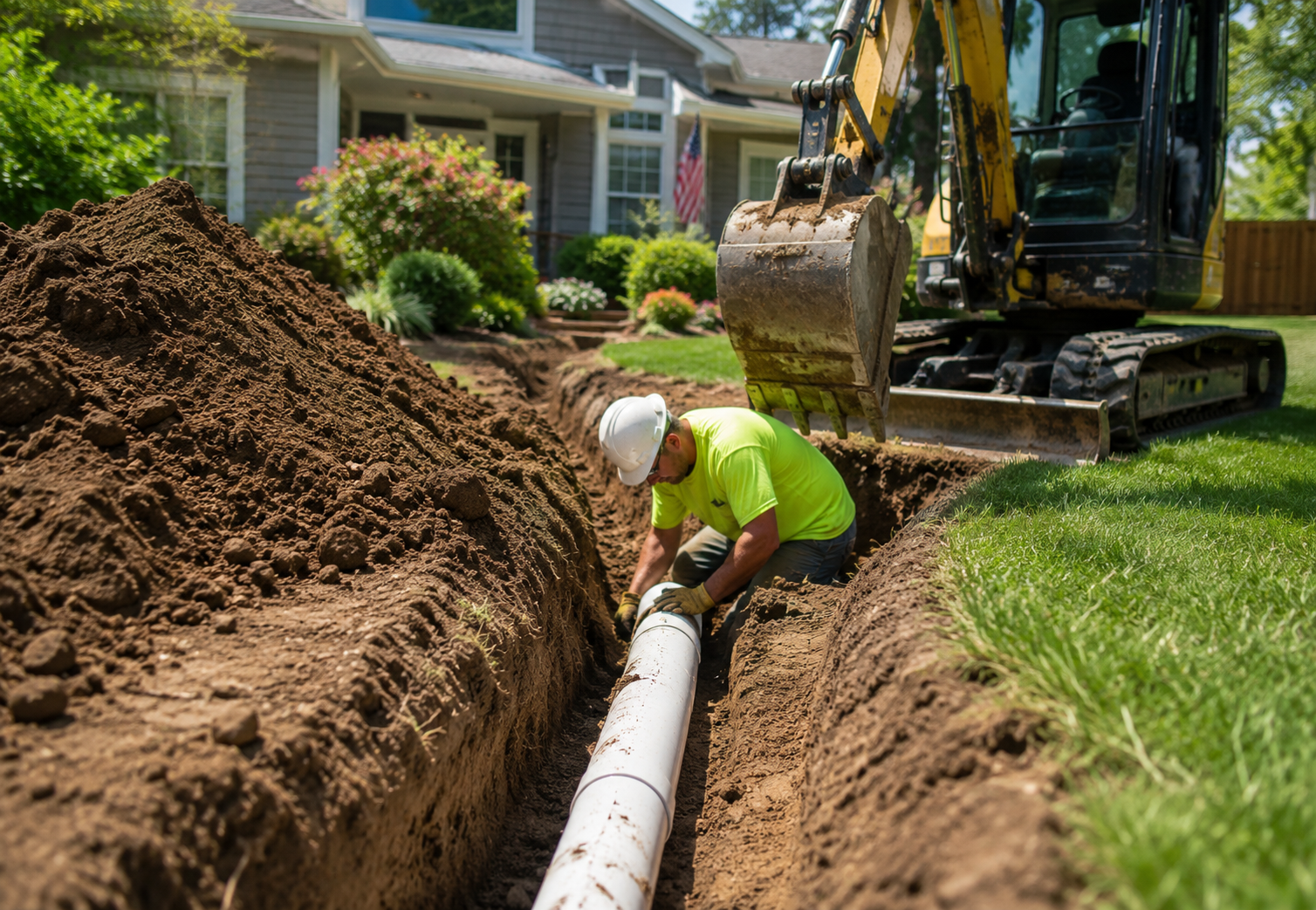 Contractor replacing a residential sewer line in the front yard of a Centennial-area home Contractor replacing a residential sewer line in the front yard of a Centennial-area home
