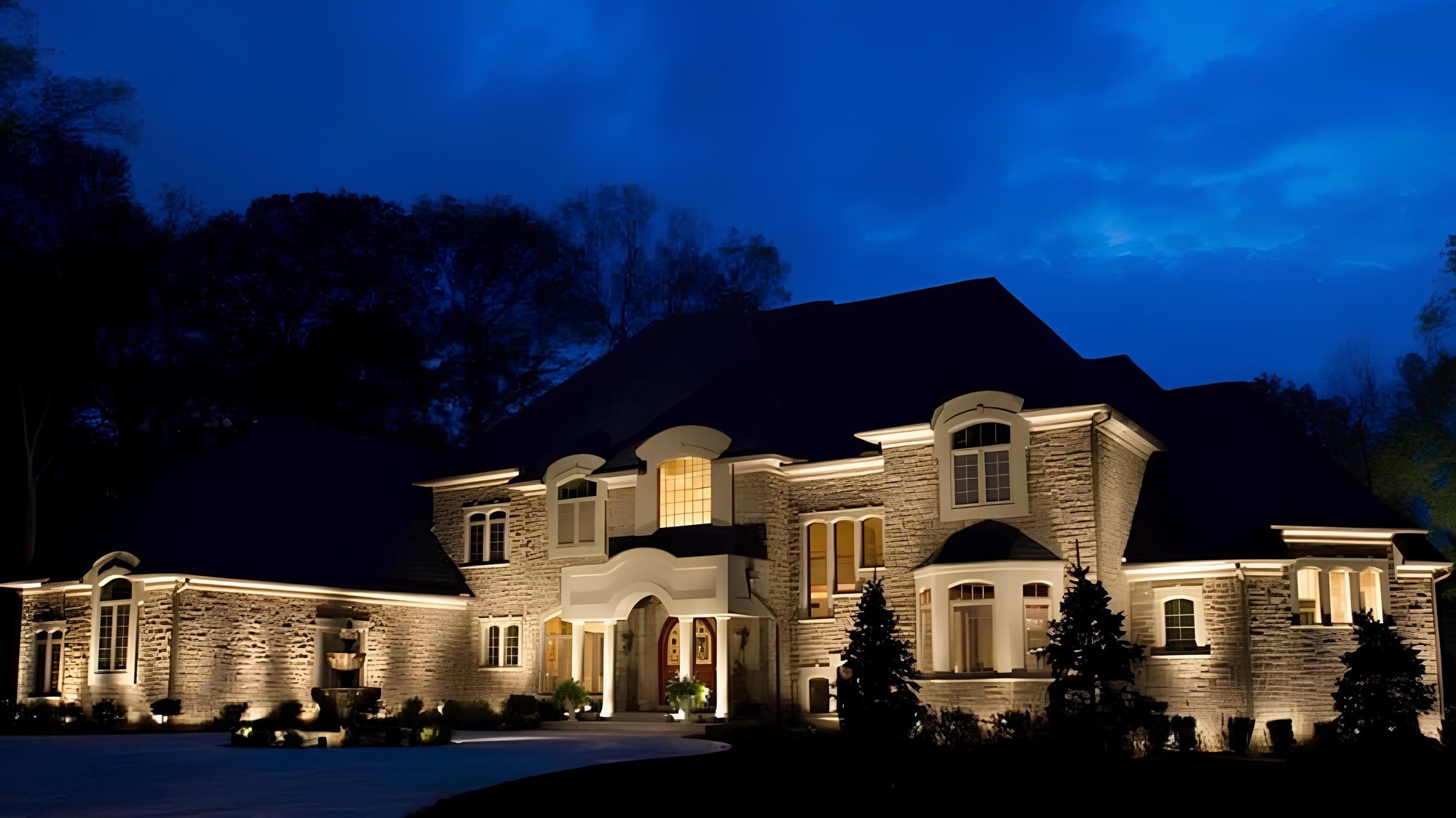 Warm white permanent roofline lighting highlighting a Colorado home after sunset. Warm white permanent roofline lighting highlighting a Colorado home after sunset.
