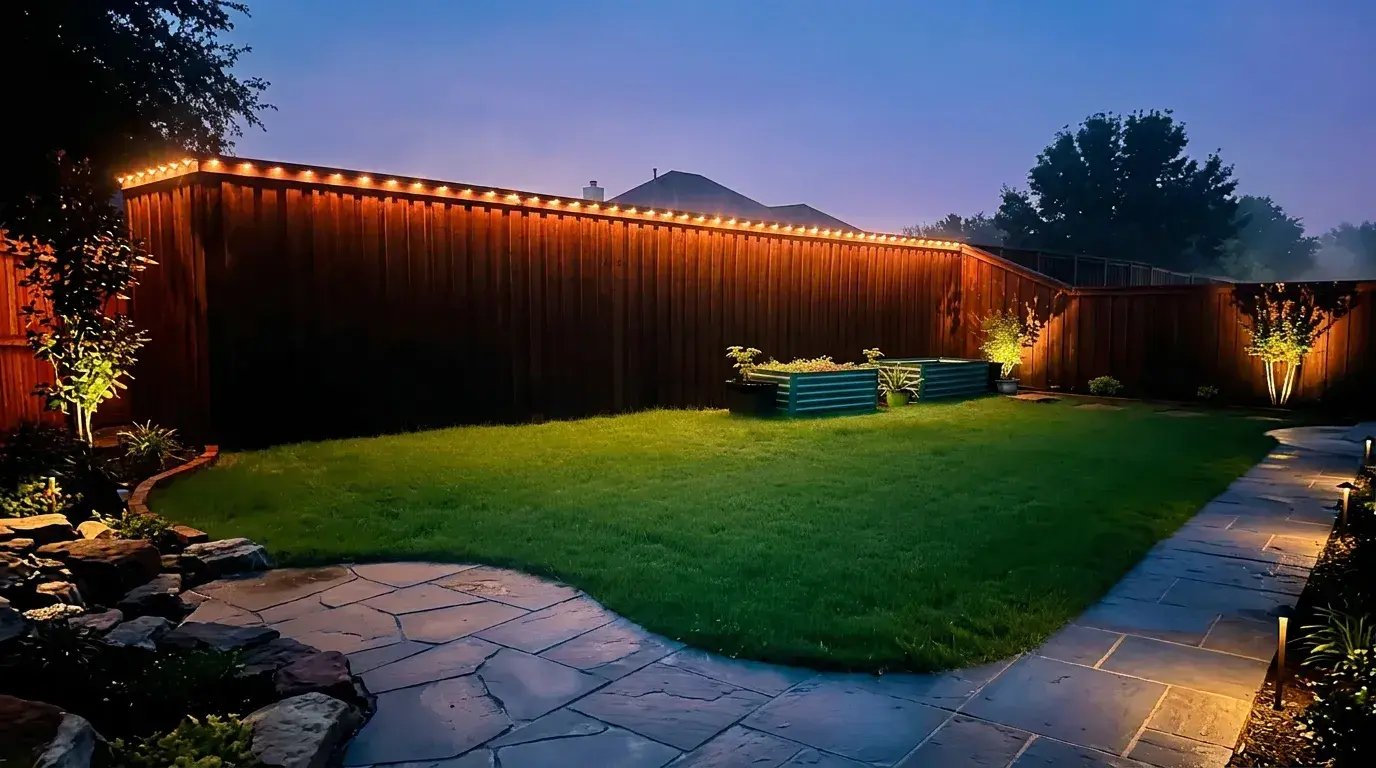 Warm white outdoor lighting illuminating a residential fence and landscape
