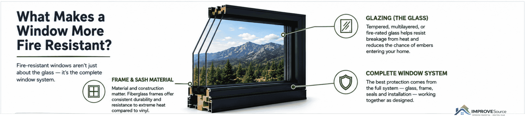 Diagram showing glazing, frame materials and complete window-system features that can improve a window’s fire resistance