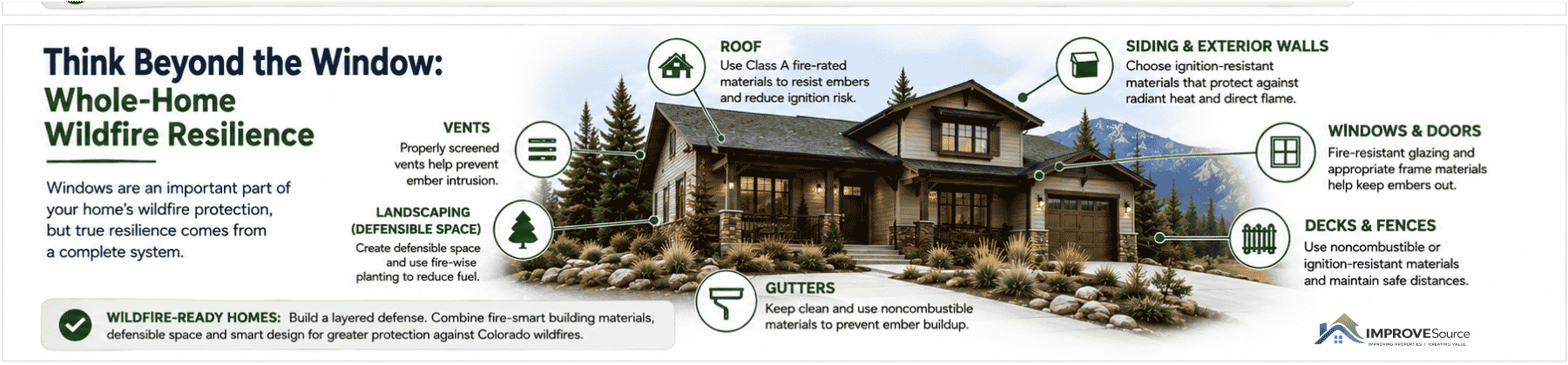 Colorado home showing whole-home wildfire resilience measures including roofing, siding, windows, doors, vents, landscaping, decks and fences