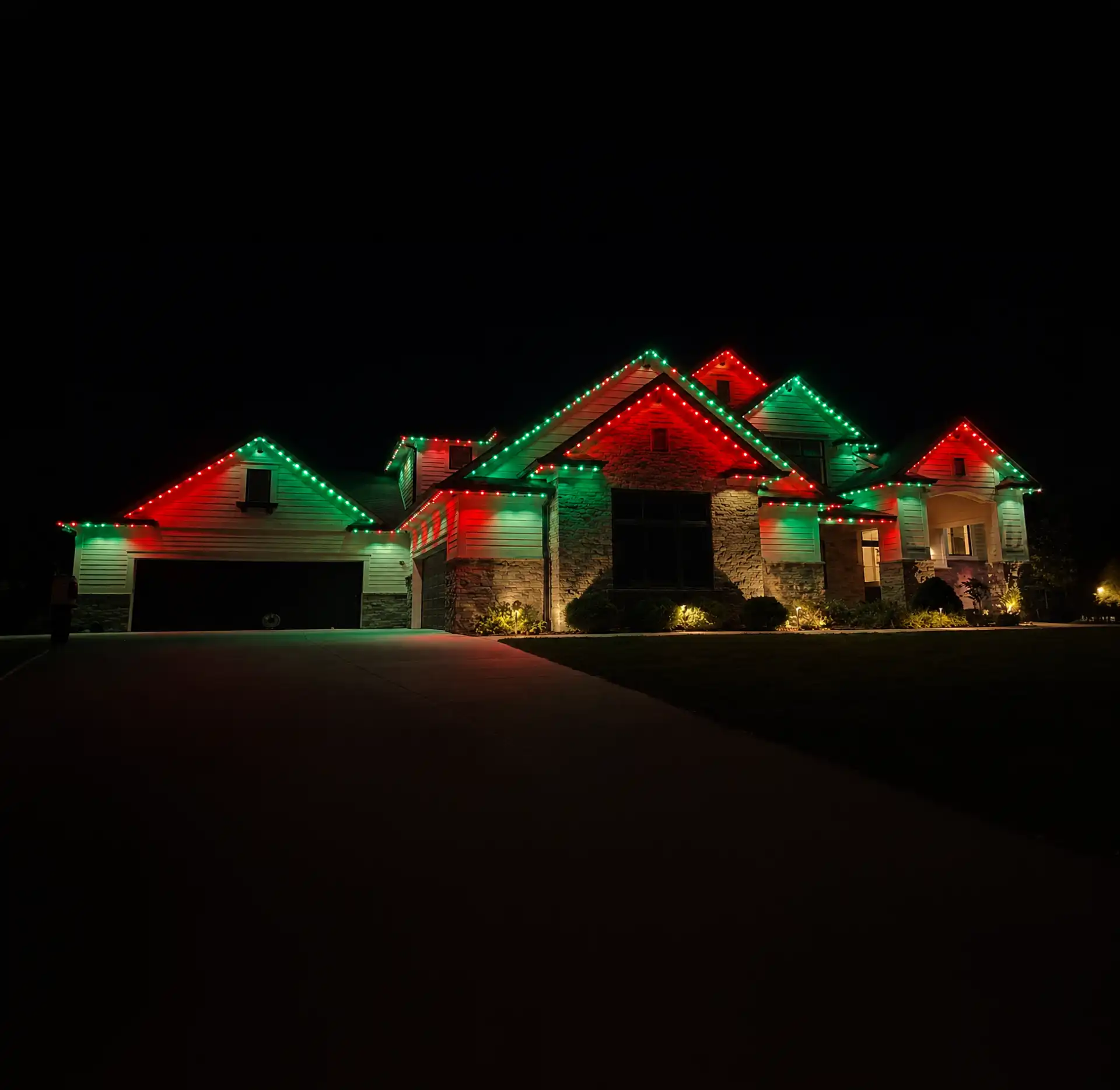 Permanent Christmas lights installed along the roofline of a Colorado home Permanent Christmas lights installed along the roofline of a Colorado home
