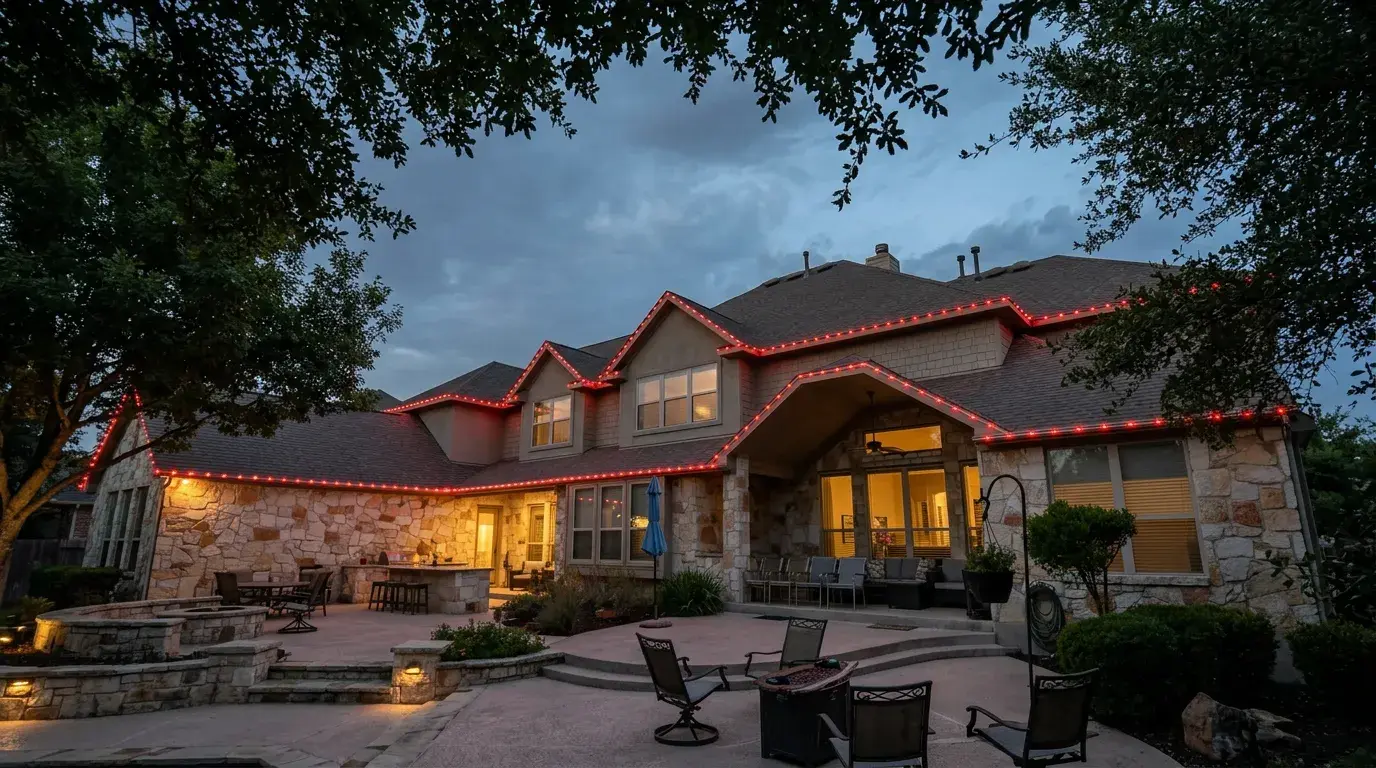 Permanent holiday lighting installed discreetly along a home's roofline Permanent holiday lighting installed discreetly along a home's roofline