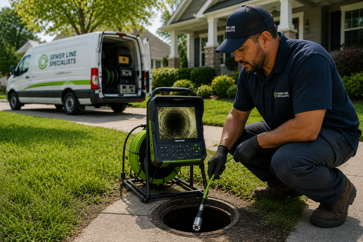 Technician performing a residential sewer camera inspection at a Denver-area home. Technician performing a residential sewer camera inspection at a Denver-area home.