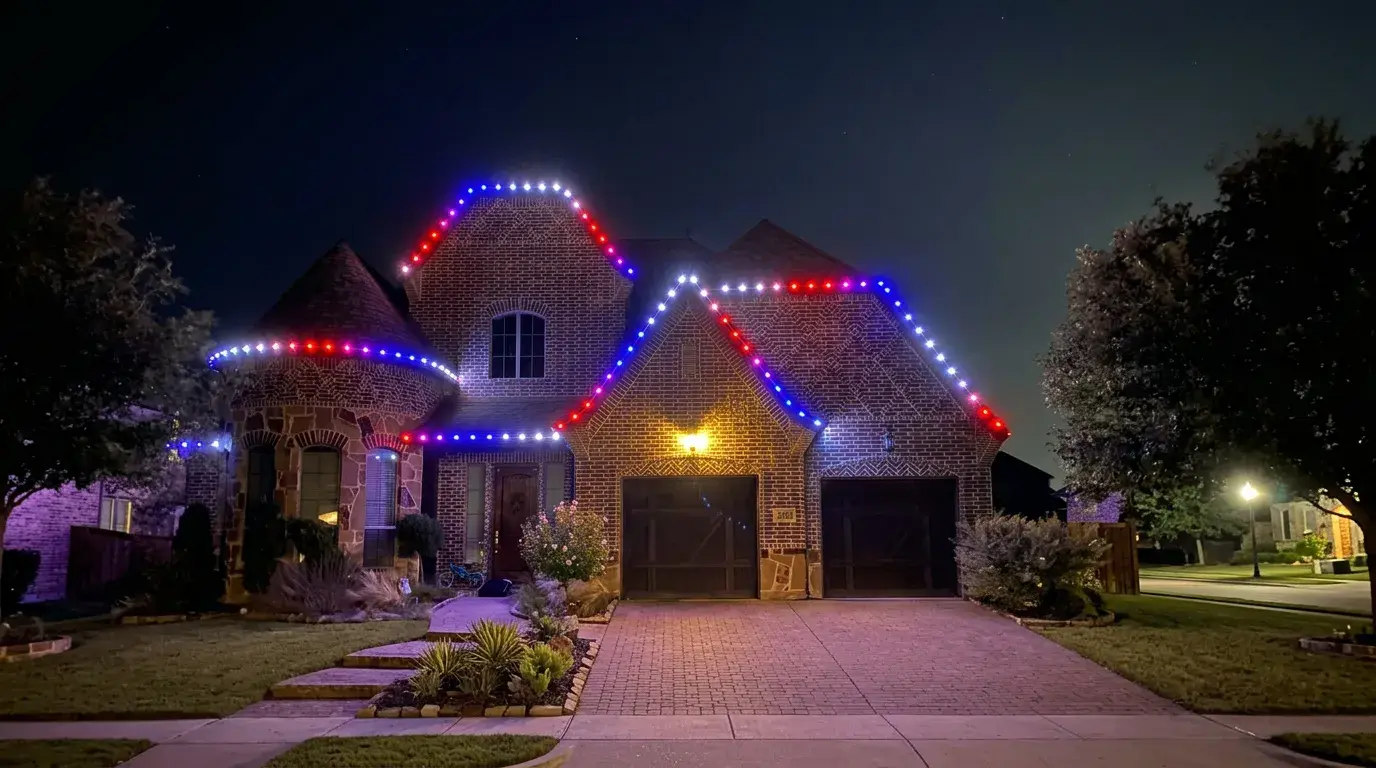 Year-round permanent outdoor lighting illuminating a Colorado home Year-round permanent outdoor lighting illuminating a Colorado home